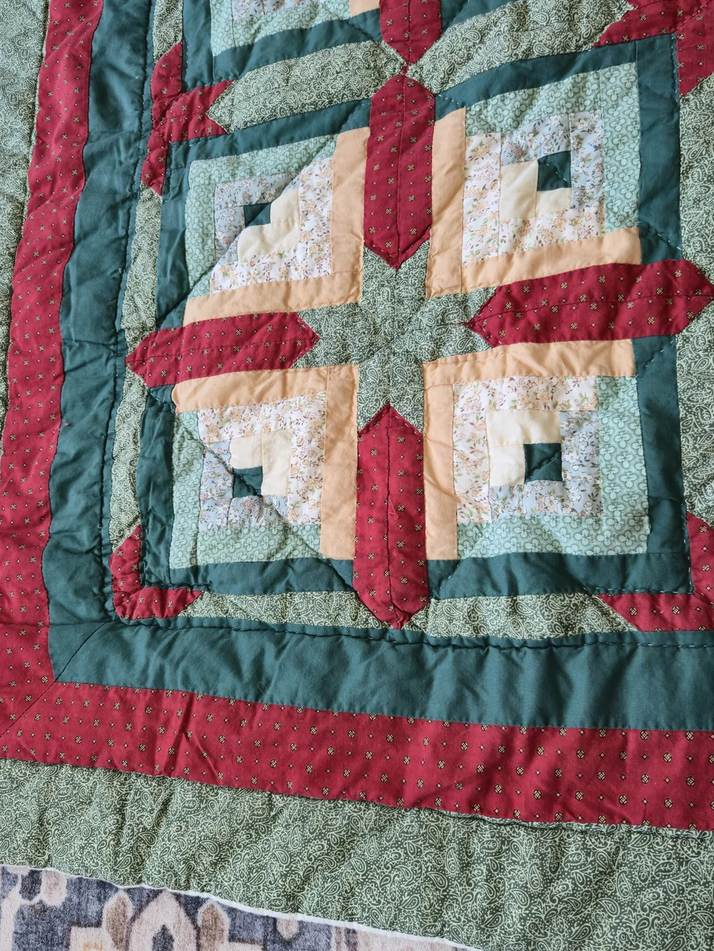 Vintage Quilted Christmas Curtain Panels Set 39x43 Patchwork Log Cabin Star Red